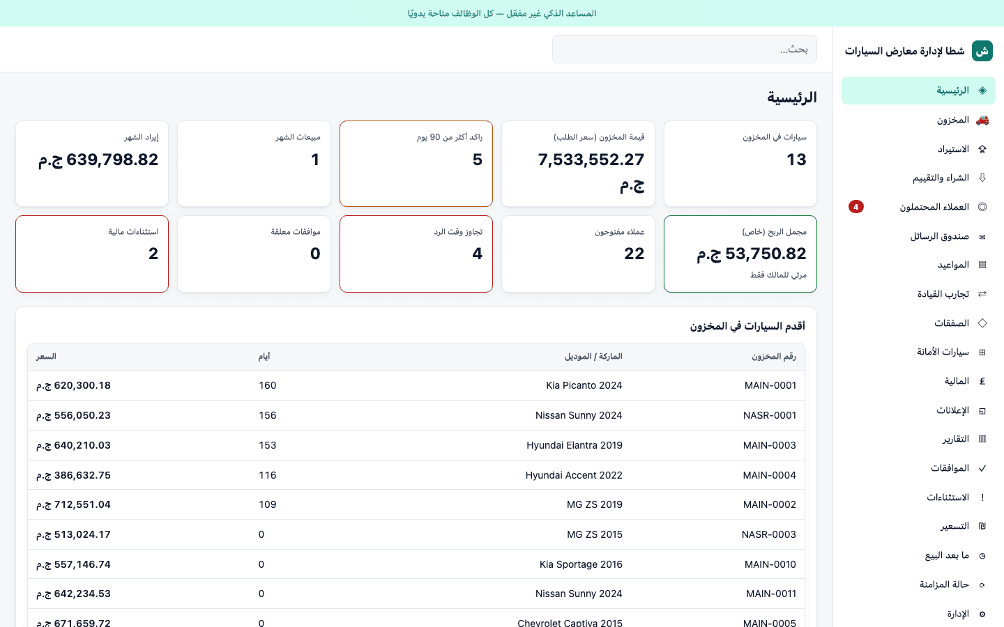Owner dashboard rendered in Arabic, right to left