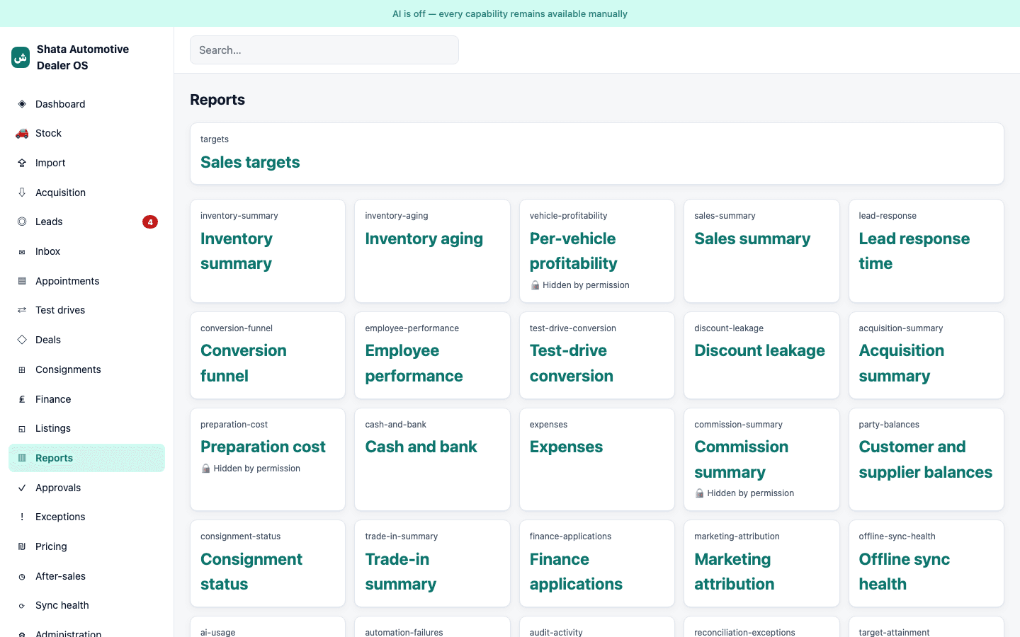 Reports hub listing available operational and financial reports